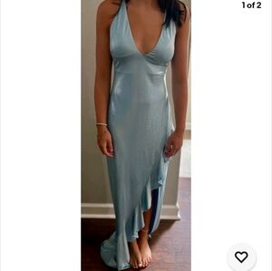 Blue Metallic Ruffled Strappy-Back Gown by Social Couture